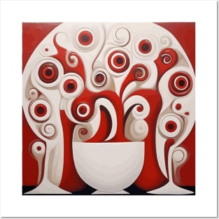 Red and White Abstract Flowers in a White Vase Posters and Art